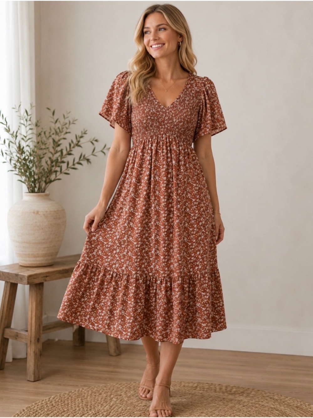Rust Floral V-Neck Smocked Midi/ Maxi Dress